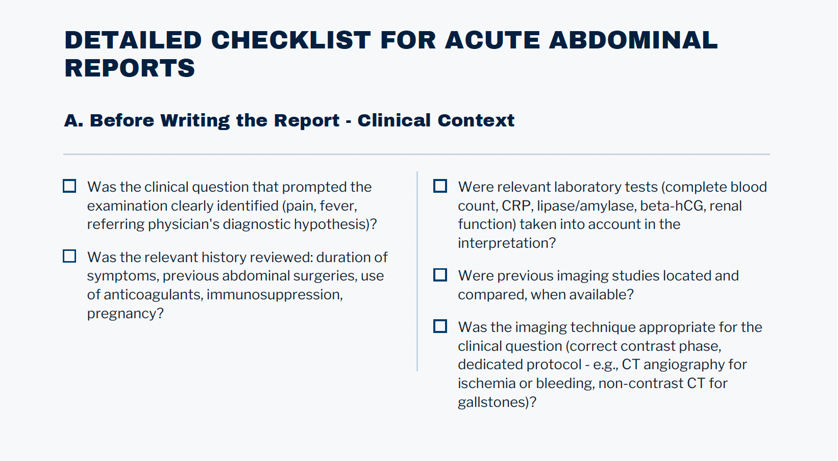 Detailed checklist for acute abdominal imaging reports
