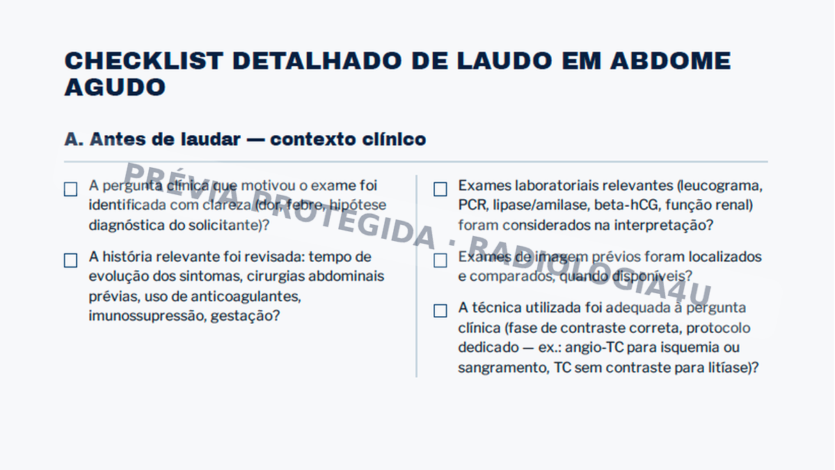 Checklist detalhado de laudo em abdome agudo com pontos de contexto clínico